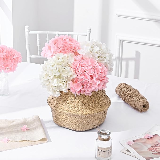Artflower 4Pcs Real Touch Hydrangea Artificial Flowers, 22.5'' White & Pink Full Latex Faux Hydrangea Flowers for Home Floral Arrangements Wedding Bouquets Kitchen Table Centerpiece Decorations