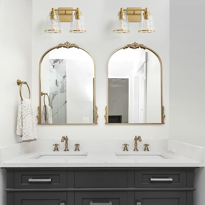 Gold Bathroom Vanity Light Fixture, 2 Light Bathroom Light Fixtures Over Mirror with Clear Glass Shade and Metal Base Wall Sconce,13.4 inch Modern Vanity Light for Bathroom (Exclude E26 Bulb)
