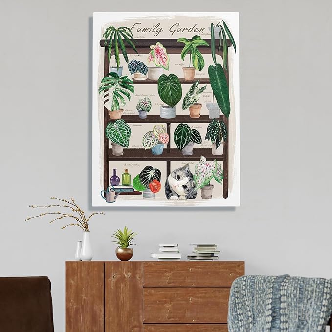 TimAsh Framed Funny Cat Botanical Wall Art Family Garden Modern Green Plant Decor Tropical Boho Style Cute Kitten Canvas Prints for Bedroom Bathroom Living Room 16'' x 12''