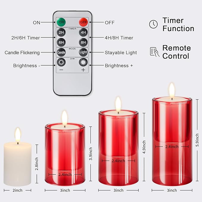 NURADA Flameless Candles with Remote Timer - Glass Real Wax 3D Wick LED Pillar Votive Candle Set Battery Operated Flickering Light for Christmas Home Wedding Party Decoration -Red 3 Pack
