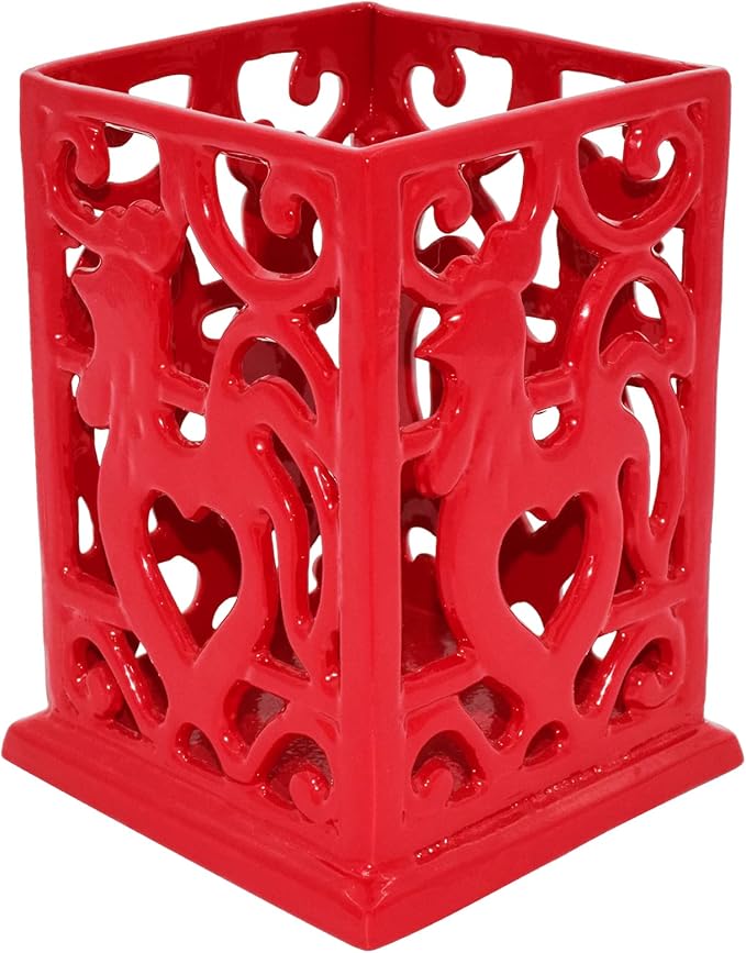 Vintage Utensil Holder for Countertop, Robust Sturdy Cast Iron Utensil Holder for Kitchen Counter Cooking Tools Crock Spoon and Spatula Holder Organizer, Red