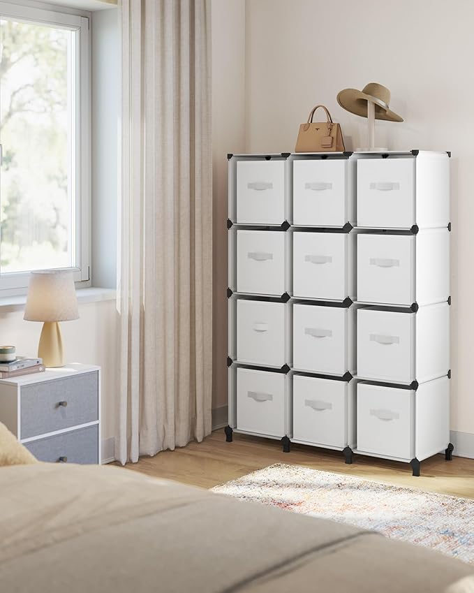 SONGMICS Cube Storage Organizer with Storage Boxes, Set of 12-Cube Organizer, 12 Collapsible Non-Woven Fabric Bins, Customizable, Space-Saving, Bedroom, Cloud White ULPC122W01