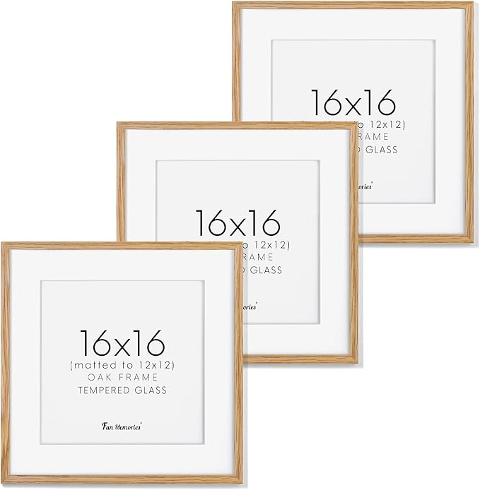 Solid Oak Wood 16x16 Picture Frames, 16"x16" Picture Frame Matted to 12"x12", Square Frames 16 x 16 with Tempered Glass, 16 by 16 Photo Frame for Wall (Beige Oak Color, 3 Pack)
