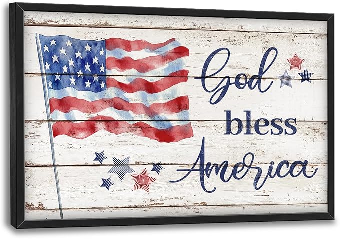 Lovira God Bless America Sign Large Wall Art American Flag USA Canvas Wall Decor Patriotic Pictures Prints Painting Framed Modern Home Artwork for Living Room Bedroom Bathroom 24"x36"