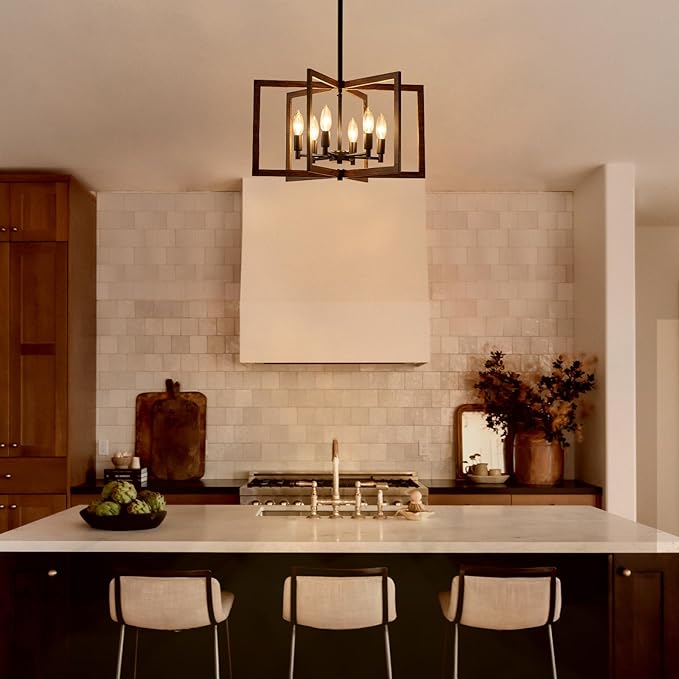 Modern Farmhouse Chandelier 20'' Black and Wood Grain 6-Light Pendant Lighting Fixture for Dining Living Room Kitchen Entryway, Geometric Metal Vintage Adjustable Hanging Chandelier Lamp