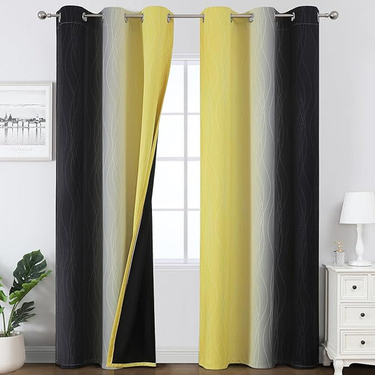 Estelar Textiler Black and Yellow Ombre Blackout Curtains for Bedroom, Full Room Darkening Grommet Curtains for Living Room, Thermal Insulated Light Blocking Gradient Drapes, 42Wx84L,2 Panels