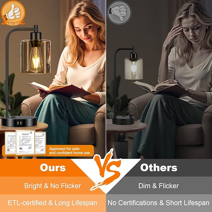 Set of 2 Industrial Touch Control Table Lamps with 2 USB Ports and AC Outlet - 3-Way Dimmable Black Bedside Lamp Nightstand Desk Lamps for Bedroom Living Room, Amber Glass Shade & 2 LED Bulbs Included