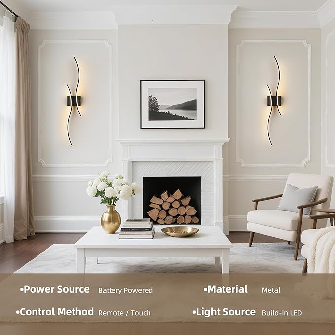 Battery Operated Wall Sconce Set of 2, Dimmable Modern LED Rechargeable Wall Light with Remote Control, Wall Decor for Living Room, Hallway, Quick Install, No Electrician Required