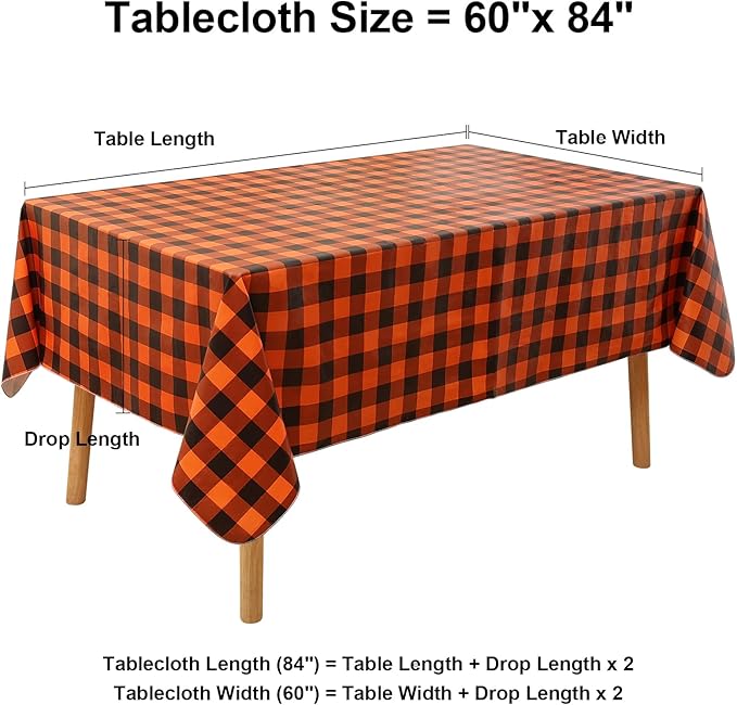 misaya Rectangle Waterproof Vinyl Table Cloth, Buffalo Flannel Backed Tablecloth, Wipeable Plastic Table Cover for Fall, Halloween (60" x 84", Orange and Black)