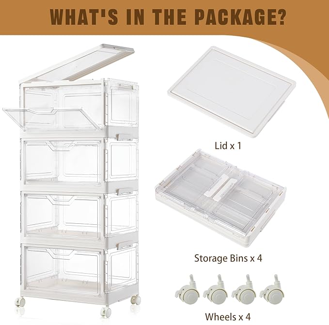 Collapsible Plastic Storage Bins with WheelsClear Stackable Storage Bins with Lid Stackable Storage Bins with Open Door Folding Storage Bins Organizer for Closet Bedroom Living Room