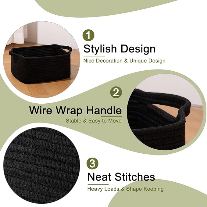 OIAHOMY Cotton Rope Woven Baskets for Storage, Nursery Rectangle Storage Basket with Handles for Shelves, Pack of 3, Black