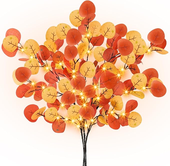Agusbagli 30in 60LED Lighted Fall Eucalyptus Branches with Timer, Light Up Fall Eucalyptus Leaves Stems Battery Operated Lit Artificial Twig Autumn Fall Decorations for Home Wedding Party Decor