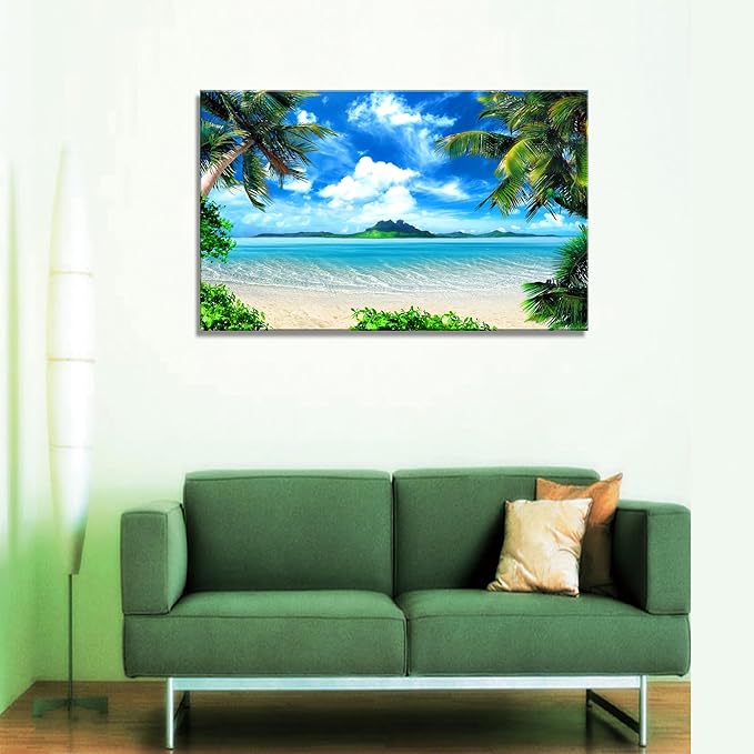 DZL Art S72781 Canvas Wall Art Ocean Waves Coconut Trees on Sands Beach Seascape Scenery Painting Nature Picture for Bedroom Home Office Wall Decor