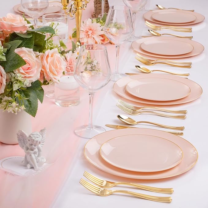 YOUBET 125PCS Pink Plastic Plates - Pink Disposable Plates With Gold Rim - Pinks and Gold Plates Include 25 Dinner Plates, 25 Dessert Plate, 75 Cutlery for Party Wedding Birthday