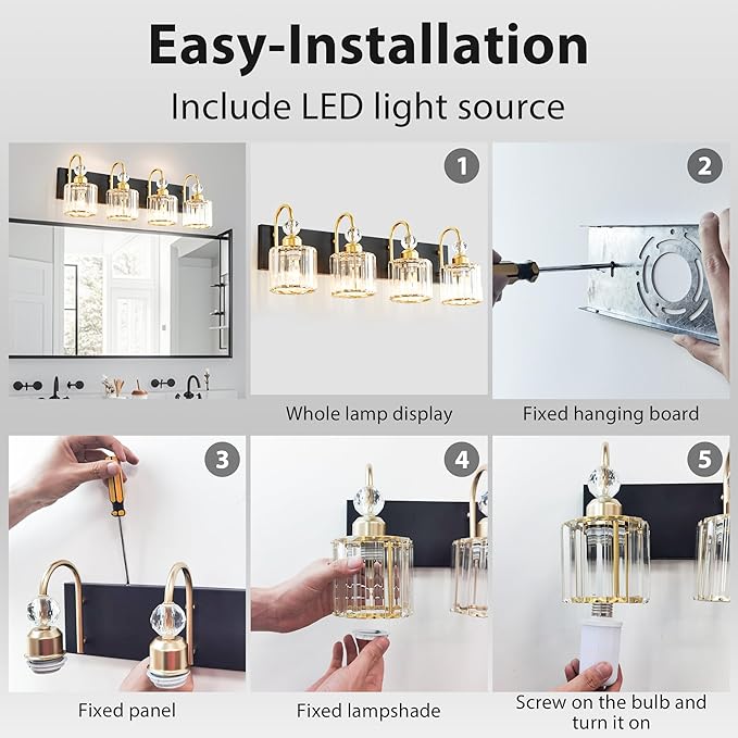 Bathroom Vanity Light Fixtures Over Mirror - Makeup Lighting Black Gold - for Modern Wall, Bath, Desk, Farmhouse, Hallway - 4 Crystal Lights