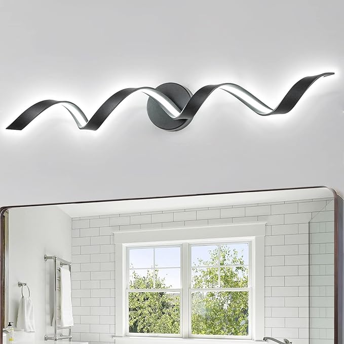 Dimmable Modern LED Bathroom Vanity Lights 32 inch, 20W Spiral Design Black Wall Light Fixtures for Bathroom, Living Room and Hallway, 6000K White Light