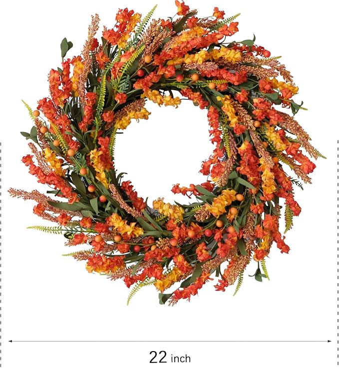 22 Inch Fall Flower Wreath for Front Door, Autumn Yellow Orange Forsythia Flower Indoor Outdoor Wreath with Berries Foam Leaves
