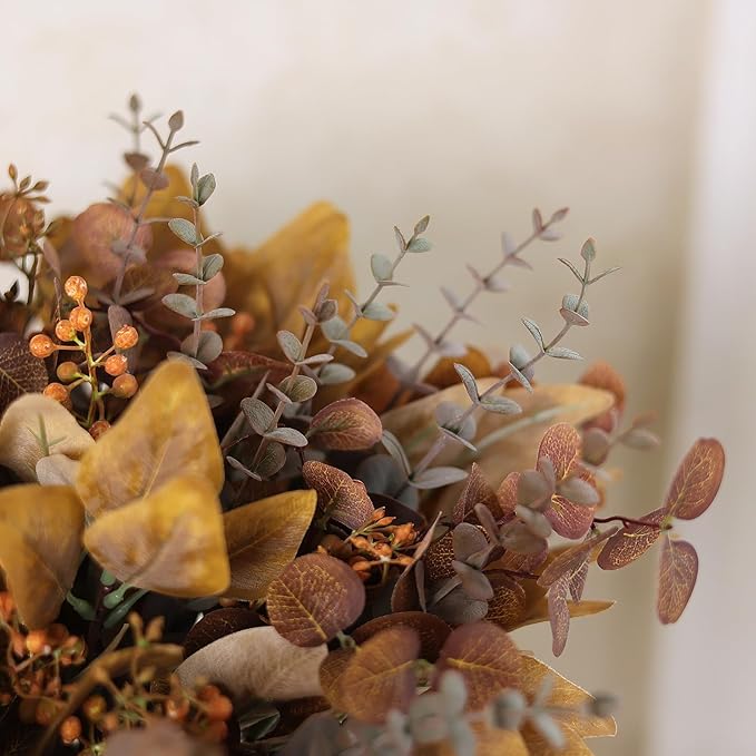 YXZZWL 110 Pcs 5 Kinds Mixed Artificial Eucalyptus Stems and Faux Berry,Autumn Fake Eucalyptus Leaves Stems Bulk Branches for DIY Bouquets Floral Arrangement Wedding Home Fall Decorations (Orange)