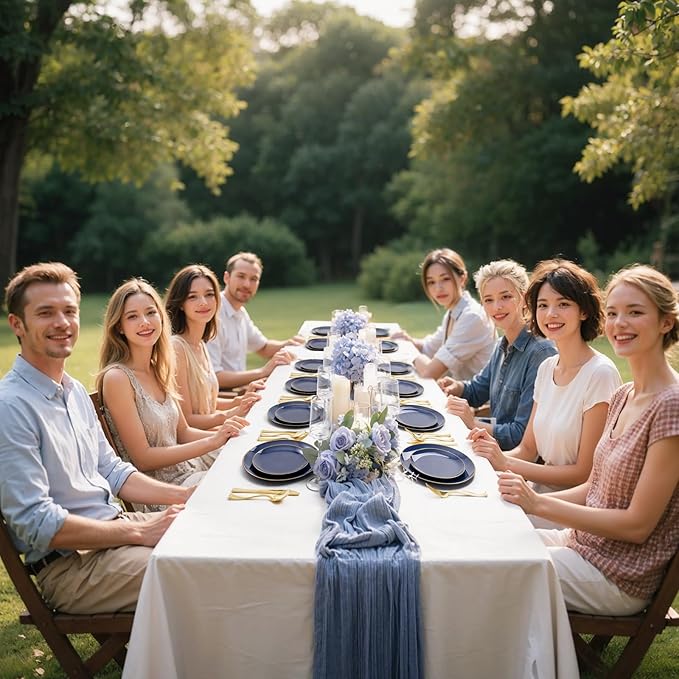 YOUBET 125PCS Blue Plastic Plates - Blue and Gold Plates - Navy Blue Disposable Plates With Gold Rim Include 25 Dinner Plate, 25 Dessert Plate, 75 Golden Silverware Cutlery for Party & Wedding