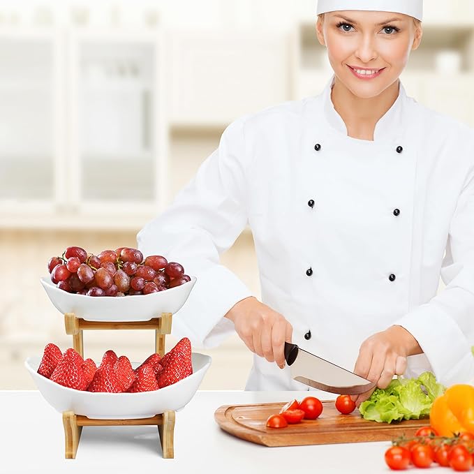 Seven Sparta 2 Tier Fruit Bowl for Kitchen Counter/Ceramic Serving Bowls with Bamboo Stand/Tiered Fruit Basket for Fruit Vegetable Storage, Cake, Dessert, Nuts, Snack, Salad (Dishwasher Safe)