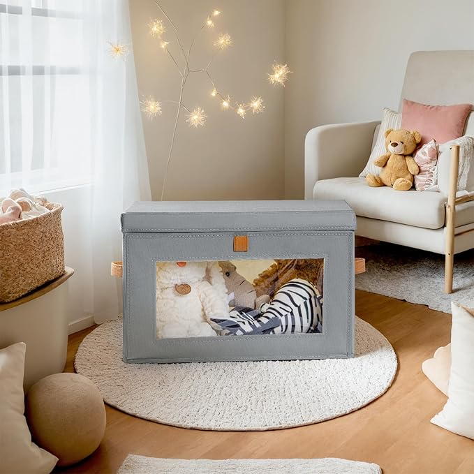 Large Closet Storage Organizer - Clothes Storage Bins with Handles & Window, Collapsible Decorative Boxes with Lids, Fabric Containers for Living Room, Dorm, 2 Pack, Grey