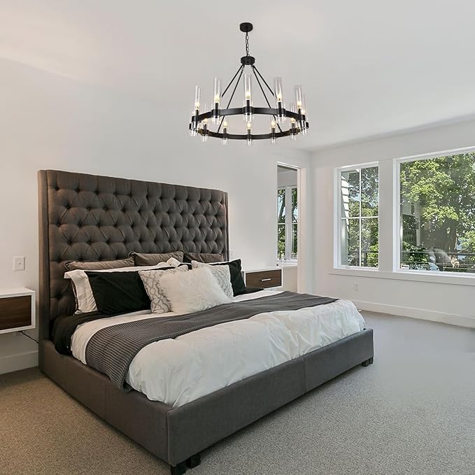 36 Inch Black Wagon Wheel Chandelier with Glass Shade, 12-Lights Farmhouse High Ceiling Chandeliers, Large Round Modern Black Chandeliers for Dining Room Living Room Bedroom Foyer