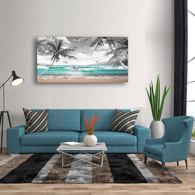 Beach Palm Pictures Canvas Wall Art For Living Room Bedroom Wall Decor,Sea Wave Wall Art Print Paitnings For Home Decor,Morden Artwork Coconut Tree Canvas Art Ready To Hang-24X48 Inches