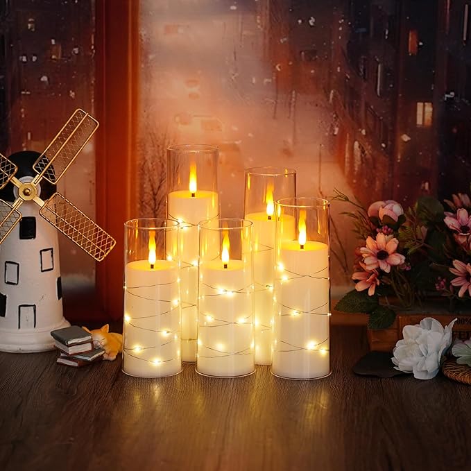 Flameless LED Candles with Timer 5 Pc Flickering Flameless Candles for Romantic Ambiance and Home Decoration Stable Acrylic Shell,with Embedded Star String,Battery Operated Candles(White)