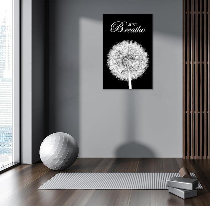 YIOZHAOFH Black Dandelion Picture Artwork Bedroom Decoration Just Breathe Canvas Painting Photo Relaxing Meditation Art Wall Decor Framed for Home Room Office (24L x 36W)