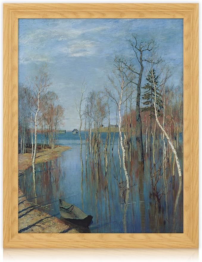 Brivoria Framed Canvas Wall Art Vintage Decor, Realistic Spring Art Print with Mat of Birch Trees Still Water and Cool Light for Living Room Statement Wall or Nature-Inspired Display, 16"x20"