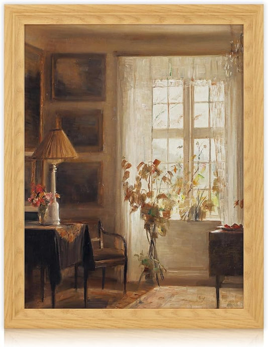 Brivoria Framed Canvas Wall Art Vintage Decor, Scandinavian Interior Artwork with Sunlit Window, Indoor Greenery and Golden Autumn Glow for Living Room Bedroom Fireplace or Gallery Display, 16"x20"