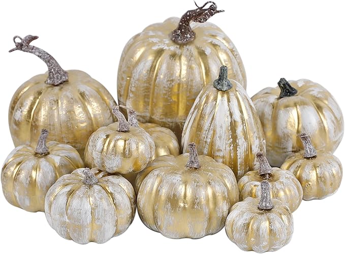 winemana 12 Pcs Thanksgiving Pumpkin Decorations, Assorted Sizes Artificial Foam Golden Pumpkins Fall Autumn Decor for Harvest Table Home Indoor Outdoor