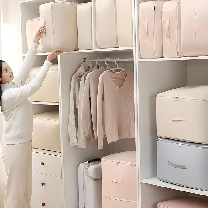 Dustproof and Moisture-proof Compression Storage Bag, Closet Organizers and Storage, Comforter Storage Bag, Folding Organizer bag for King/Queen Comforters, Bedding/Quilt, Space Saver (Apricot, L)