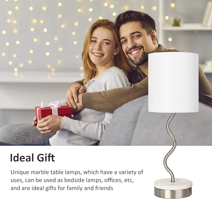 Marble Base Table Lamp - Modern Bedside Lamp with USB Port & Pull Chain, Lamp for Bedroom, Living Room, or Office - Elegant Marble and Metal Design