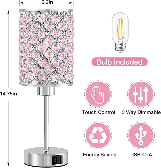 Crystal Table Lamp, Pink Touch Lamp with USB C+A Ports, 3 Way Dimmable Lamp with Crystal Shade, Bedside Lamp Small Lamp for Girl Bedroom, Living Room(Buld Included)