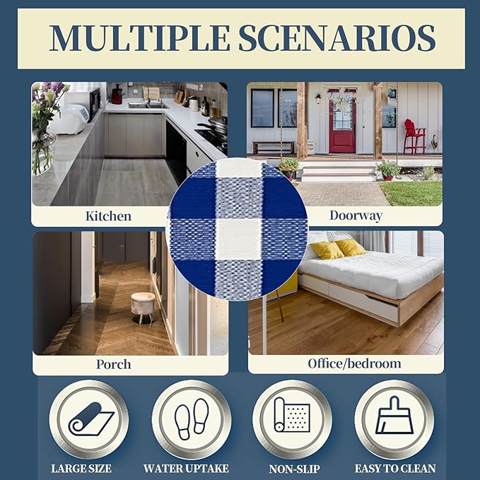 SEEKSEE Cotton Buffalo Plaid Rug 3'x5' Blue and White Checked Rug Washable Doormats Indoor Outdoor Rugs for Layered Front Door Mats, Porch, Kitchen, Farmhouse, Entryway