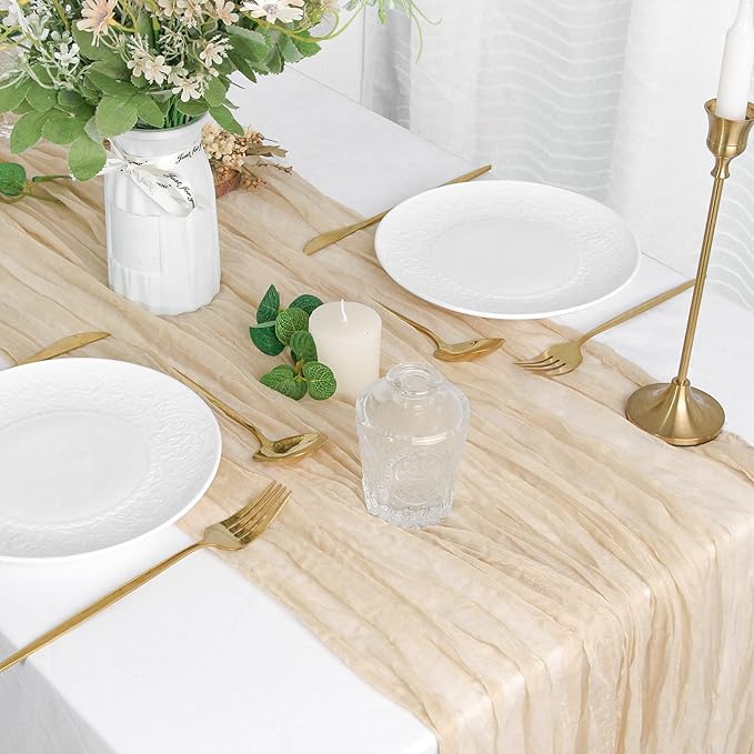 FEXIA 10 Pack Beige Gauz Table Runner 35x120 Inches Ivory Cheesecloth Rustic Boho Table Runner for Bridal Shower Wedding Party First Communion Centerpiece Engagement Rustic Boho Decoration