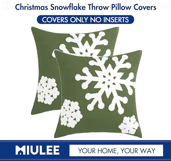 MIULEE Pack of 2 Christmas Decorative Snowflake Throw Pillow Covers Canvas Embroidery Winter Cushion Cases Holiday Decor Soft Pillowcases for Winter Couch Sofa Bedroom Car(Army Green, 20x20in)