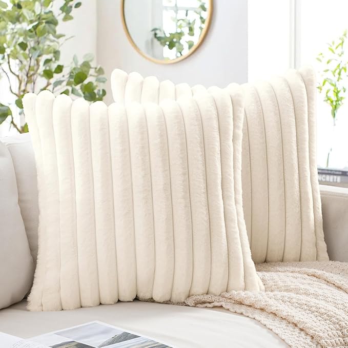 MIULEE Faux Fur Decorative Throw Pillow Covers 16x16 Inch Set of 2, Modern Spring Home Decor Soft Plush Couch Pillows Cozy Fluffy Cushion Covers for Sofa Bed Beige