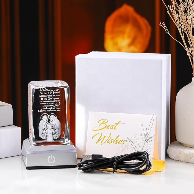 Movdyka House Warming Gifts New Home, Bless This Home Laser-Engraved Crystal Cube with Color-Changing LED Base - Spiritual Housewarming Gift for Christian Desk Decor