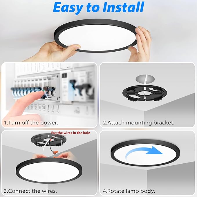 Peasur 7 inch LED Ceiling Light, 3000K/3500K/4000K/5000K/6500K Adjustable Flush Mount Light Fixture,1500LM 15W Thin Black Round Lamp for Hallway Kitchen Bathroom Bedroom, 8Pack