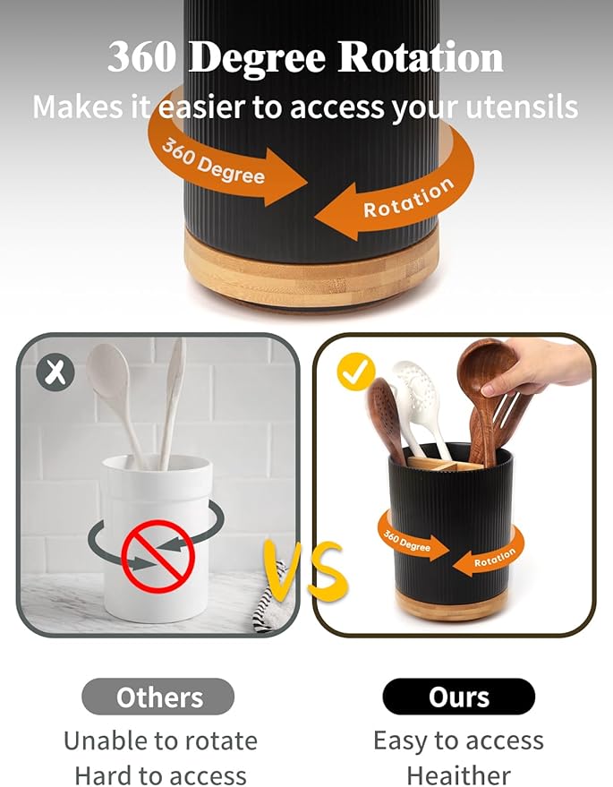 LoeJan 3 Compartment Utensil Holder, Extra Large Utensil Crock, Stable Ceramic Utensil Organizer, Cooking Tool Organizer Set for Kitchen Counter Farmhouse Decor (B-Black(Vertical Stripe))