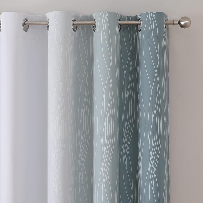 Estelar Textiler Stone Blue and Greyish White Blackout Curtains 45 Inch Length 2 Panels, Light Blocking Gradient Drapes for Kitchen, Thermal Insulated Grommet Ombre Curtains for Bathroom,52Wx45L