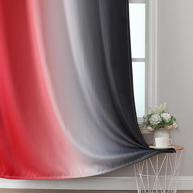 Estelar Textiler Ombre Red and Black Curtains 72 Inch Length 2 panels, Complete Blackout Curtains for Bedroom, Full Room Darkening Grommet Thermal Insulated Gradient Drapes for Living Room, 52x72 Inch