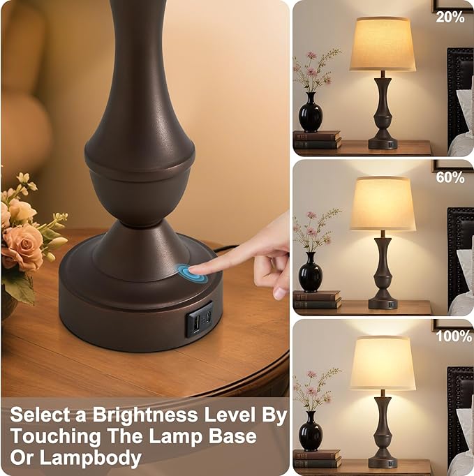 Luvkczc 22" Table Lamp Set of 2 - Vintage Brown Bedside Lamp with Beige Fabric Shade, 3-Way Dimmable, USB C+A Ports, Nightstand Lamp for Living Room Bedroom (Bulb Included)