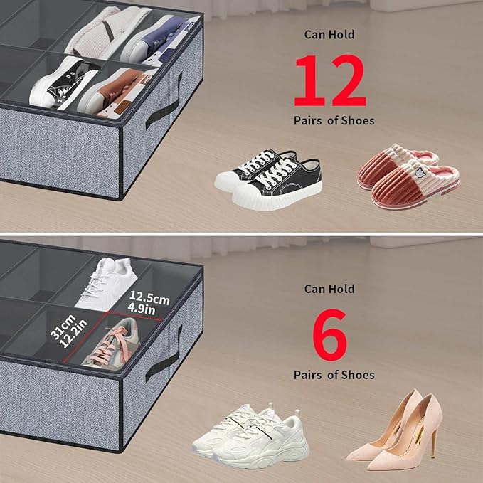 Onlyeasy Large Under Bed Shoe Organizer (6 to 12 Pairs x 2) - Underbed Shoes Closet Storage Solution with Metal Zipper and 2 Handles, Breathable, 29.3"x23.6"x5.9", Linen-like Grey, MXDUBSB2P