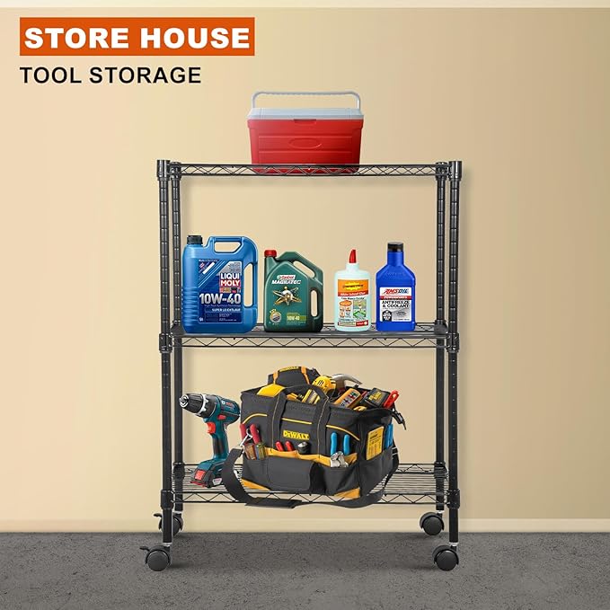 PayLessHere | 3-Tier Wire Shelf with Wheels | 23"x13"x31" | Black | Adjustable Racks | Heavy-Duty Storage Shelves, Holds Upto 170 lbs | Rust-Resistant, No-Tool Assembly | for Home, Garage Shelving