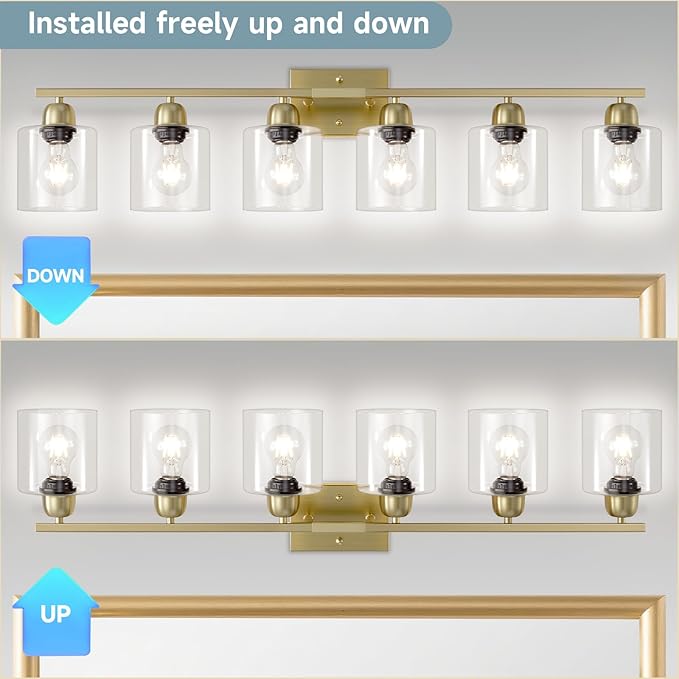 6 Light Gold Bathroom Vanity Light, Gold Vanity Lights for Bathroom with Clear Glass, 38 inch Wall Lamp for Oversized Mirrors Living Room Bedroom Hallway E26 Base