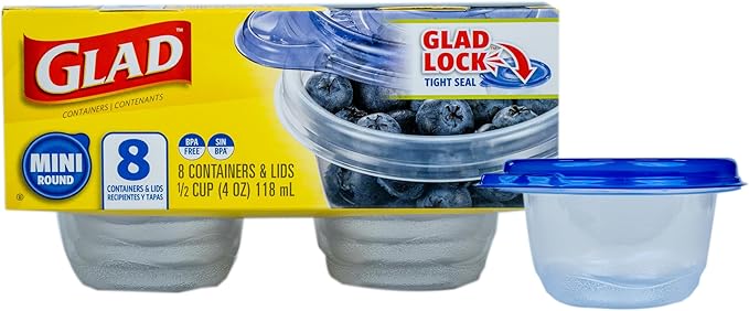 Glad GladWare Mini Round Food Storage Containers - Small Meal Container Holds up to 4 Ounces of Food - Lock Tight Seal, 8 Count