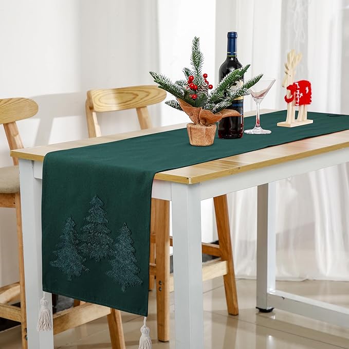 Breling Christmas Tree Table Runner Jacquard Christmas Tree Dinner Table Runner Xmas Holiday Kitchen Dining Decoration for Winter Holiday Kitchen Party Home Decor 13x72 Inch(Dark Green)